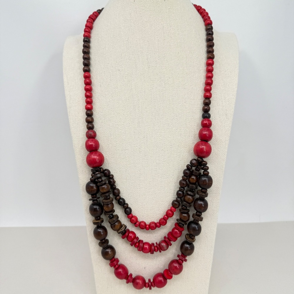 Chunky Wood Bead‎ Statement Necklace Bohemian Red Brown Long Bright